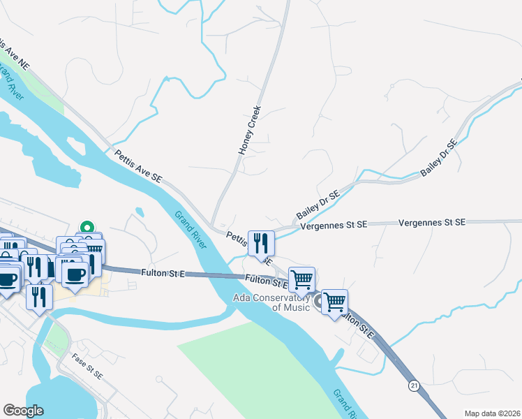 map of restaurants, bars, coffee shops, grocery stores, and more near 412 Pettis Avenue Southeast in Ada
