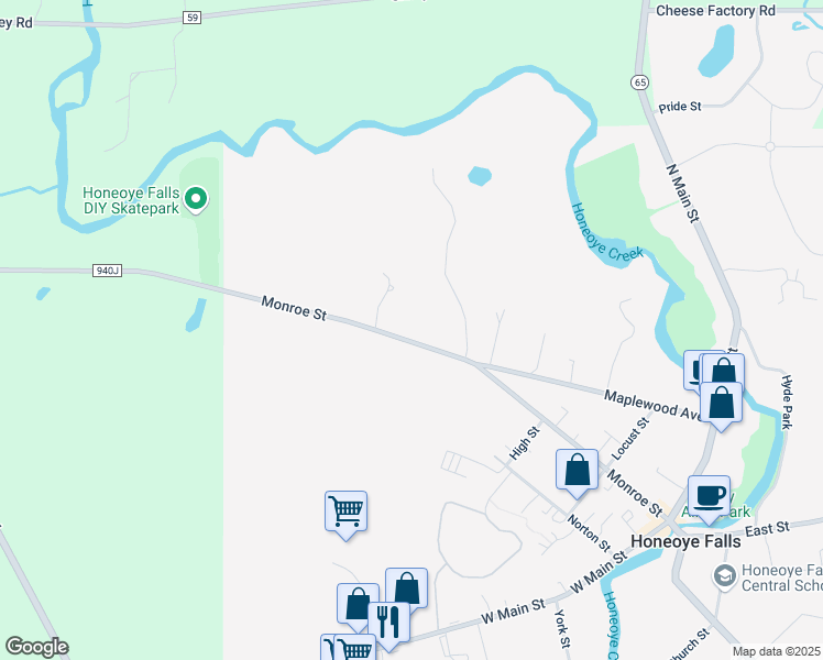 map of restaurants, bars, coffee shops, grocery stores, and more near 129 Monroe St in Honeoye Falls