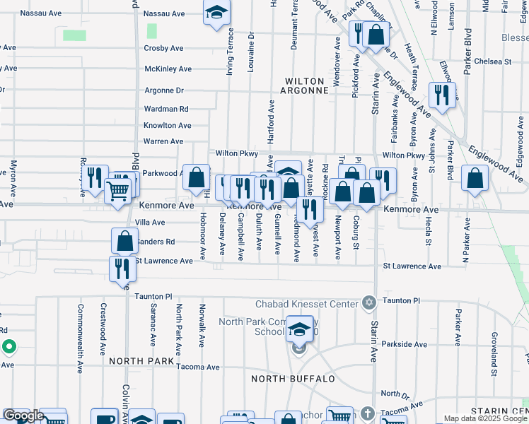 map of restaurants, bars, coffee shops, grocery stores, and more near 870 Kenmore Avenue in Buffalo