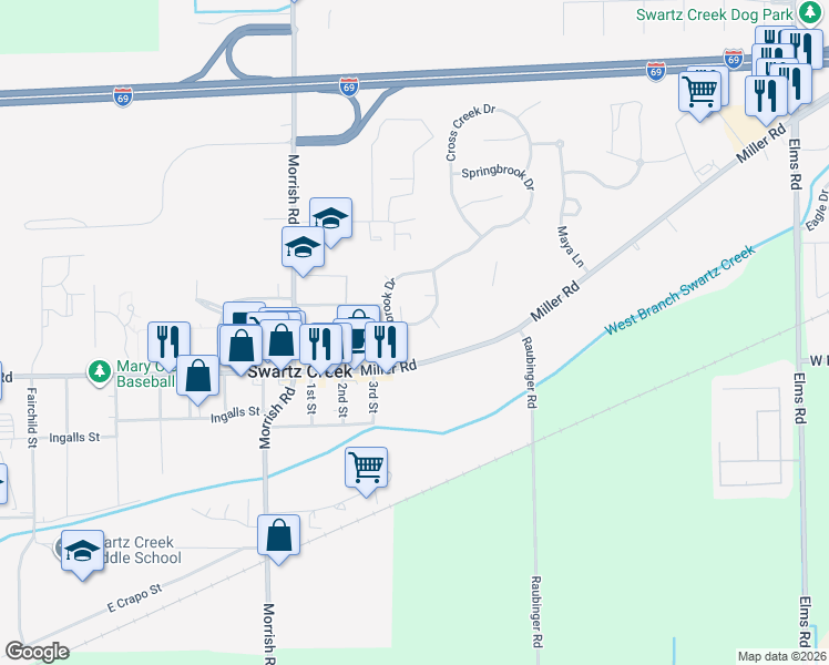 map of restaurants, bars, coffee shops, grocery stores, and more near 7479 Country Meadow Drive in Swartz Creek