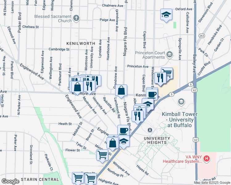 map of restaurants, bars, coffee shops, grocery stores, and more near 193 Kenmore Avenue in Buffalo
