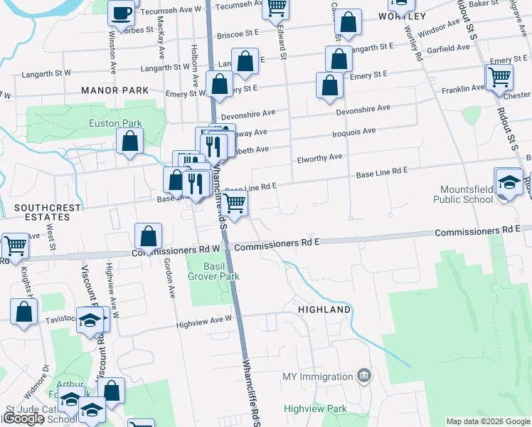 map of restaurants, bars, coffee shops, grocery stores, and more near 63 Dundee Court in London