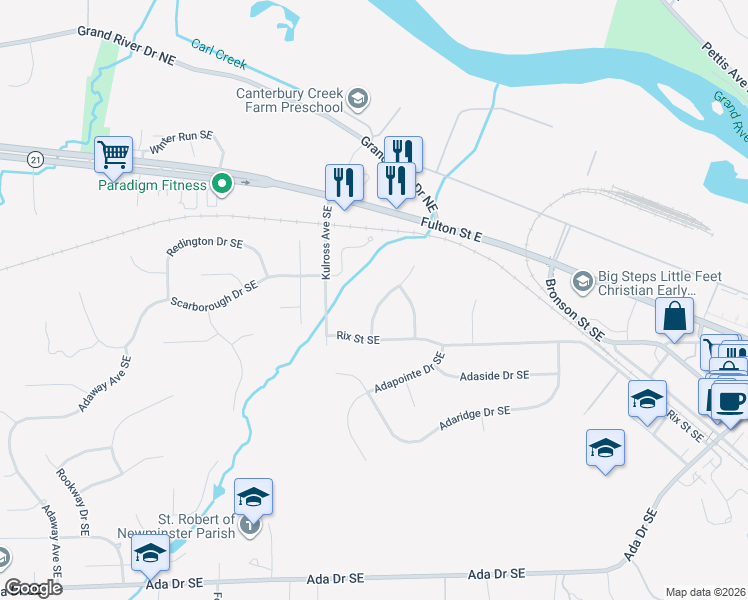 map of restaurants, bars, coffee shops, grocery stores, and more near 345 Creek Run Drive Southeast in Ada