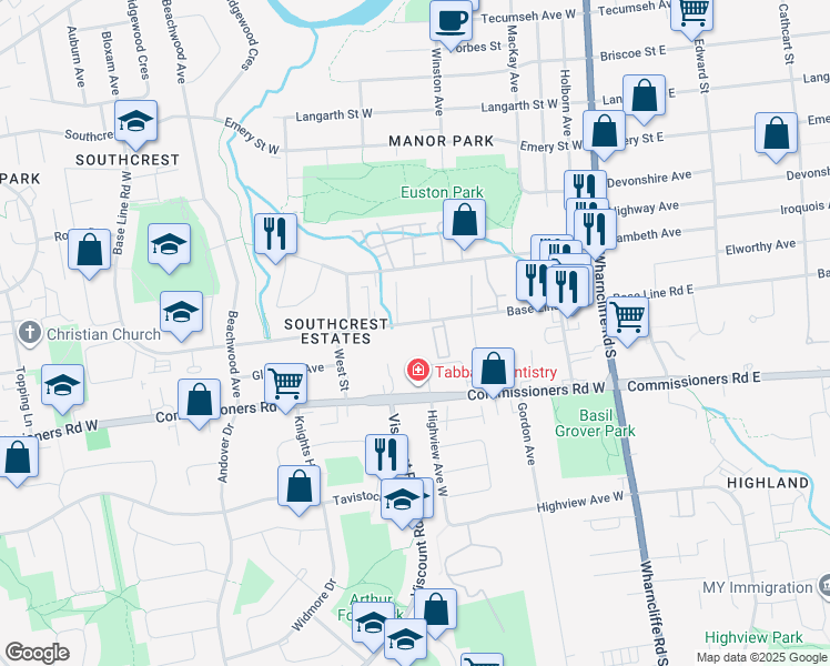 map of restaurants, bars, coffee shops, grocery stores, and more near 107 Base Line Road West in London