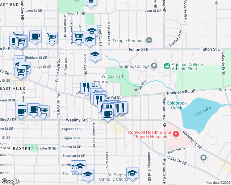 map of restaurants, bars, coffee shops, grocery stores, and more near 228 Hampton Avenue Southeast in Grand Rapids