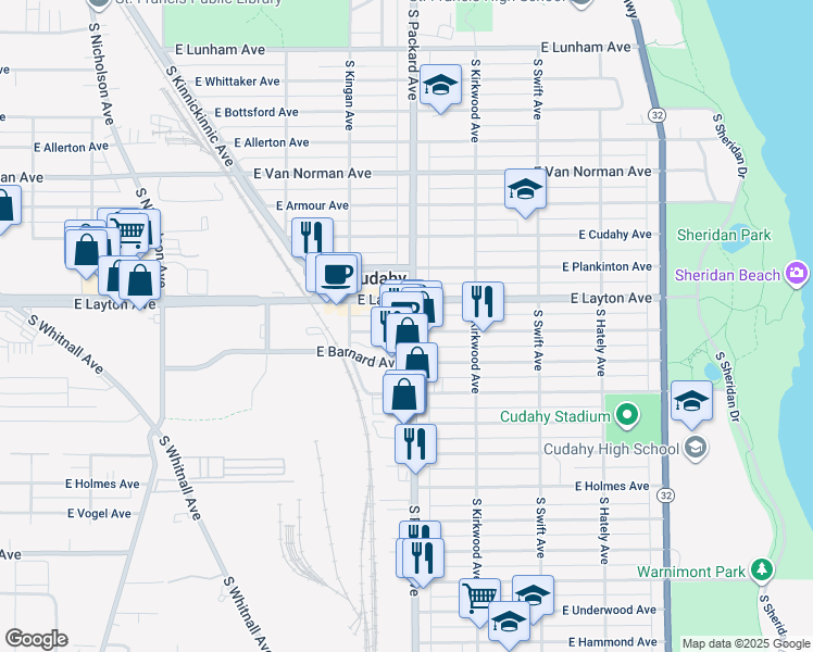 map of restaurants, bars, coffee shops, grocery stores, and more near 3556 East Squire Avenue in Cudahy