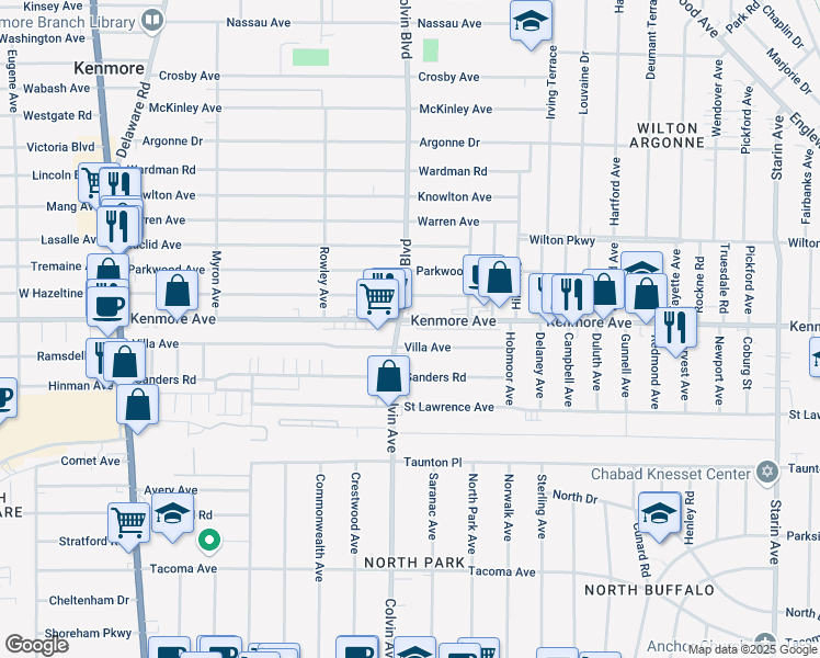 map of restaurants, bars, coffee shops, grocery stores, and more near 1074 Kenmore Avenue in Buffalo