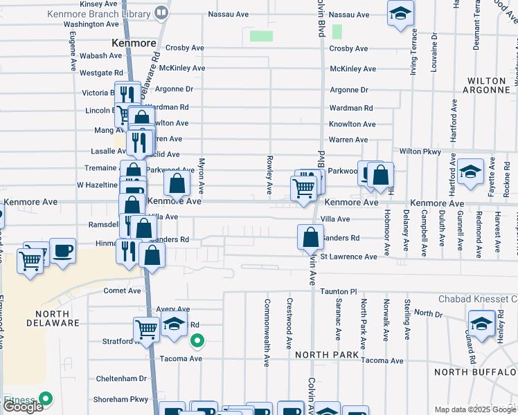 map of restaurants, bars, coffee shops, grocery stores, and more near 1200 Kenmore Avenue in Buffalo