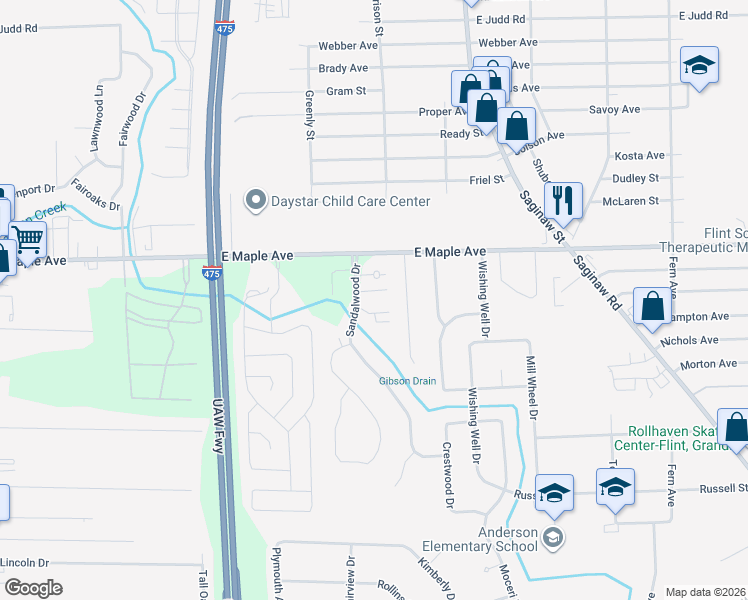 map of restaurants, bars, coffee shops, grocery stores, and more near 5073 Sandalwood Drive in Grand Blanc Township