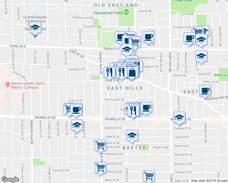 map of restaurants, bars, coffee shops, grocery stores, and more near Blodgett Street Southeast in Grand Rapids