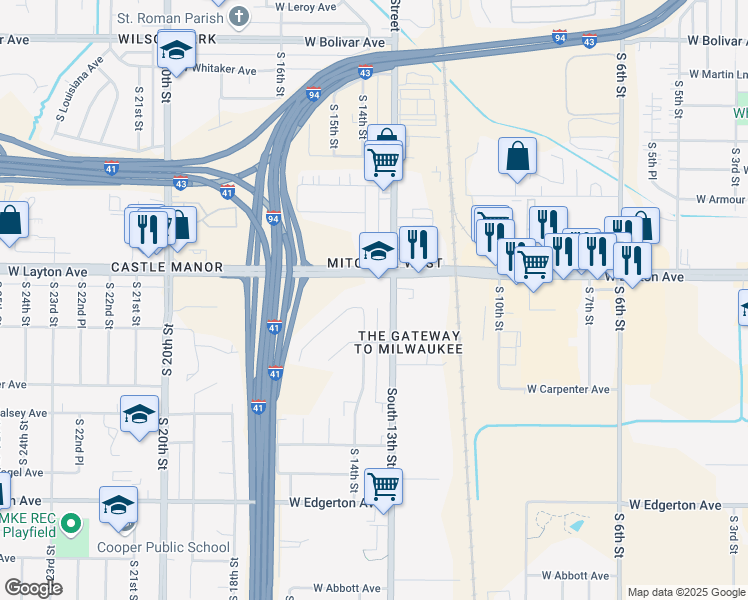 map of restaurants, bars, coffee shops, grocery stores, and more near 4725 South 13th Street in Milwaukee
