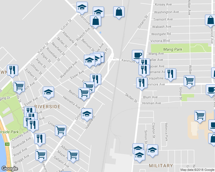 map of restaurants, bars, coffee shops, grocery stores, and more near 142 Skillen Street in Buffalo