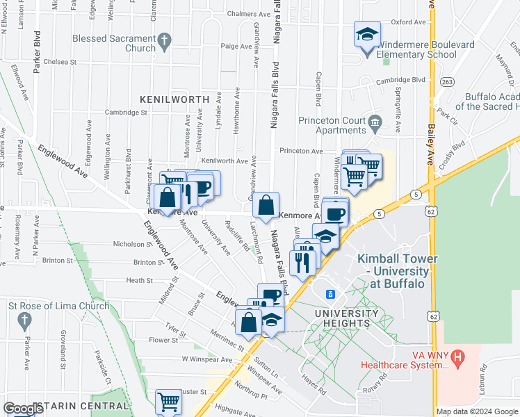 map of restaurants, bars, coffee shops, grocery stores, and more near 193 Kenmore Avenue in Buffalo