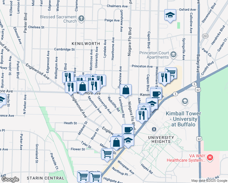 map of restaurants, bars, coffee shops, grocery stores, and more near 237 Kenmore Avenue in Buffalo