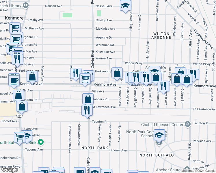 map of restaurants, bars, coffee shops, grocery stores, and more near 1034 Kenmore Avenue in Buffalo