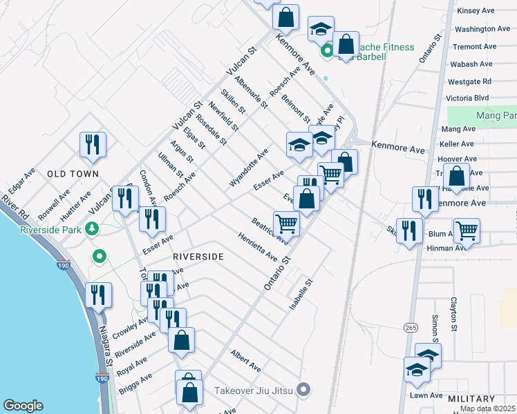 map of restaurants, bars, coffee shops, grocery stores, and more near 15 Philadelphia Street in Buffalo