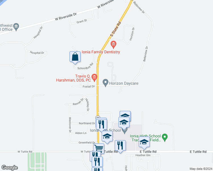 map of restaurants, bars, coffee shops, grocery stores, and more near 1930 Belleview Drive in Ionia