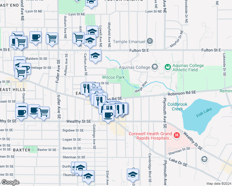 map of restaurants, bars, coffee shops, grocery stores, and more near 228 Hampton Avenue Southeast in Grand Rapids