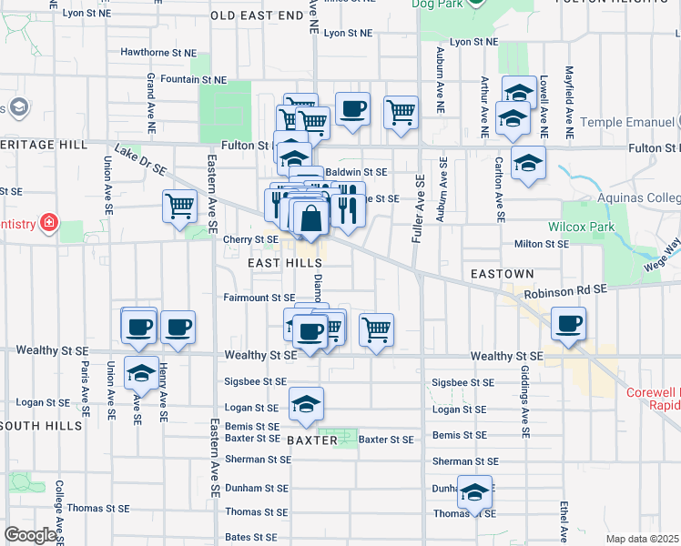 map of restaurants, bars, coffee shops, grocery stores, and more near 1014 Chester Street Southeast in Grand Rapids
