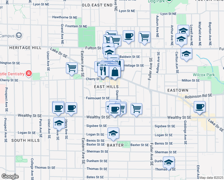map of restaurants, bars, coffee shops, grocery stores, and more near 232 Warren Avenue Southeast in Grand Rapids