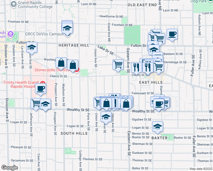 map of restaurants, bars, coffee shops, grocery stores, and more near 230 James Avenue Southeast in Grand Rapids