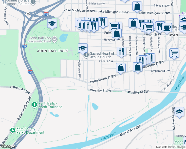 map of restaurants, bars, coffee shops, grocery stores, and more near 255 Leyden Avenue Southwest in Grand Rapids