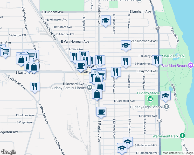 map of restaurants, bars, coffee shops, grocery stores, and more near 3556 East Squire Avenue in Cudahy