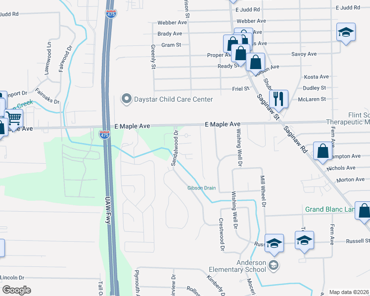 map of restaurants, bars, coffee shops, grocery stores, and more near 5063 Sandalwood Drive in Grand Blanc
