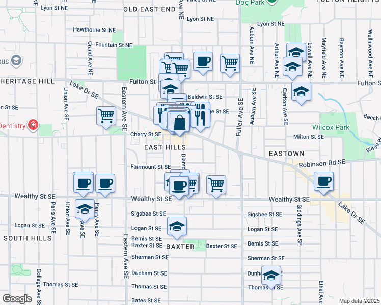 map of restaurants, bars, coffee shops, grocery stores, and more near 1014 Chester Street Southeast in Grand Rapids