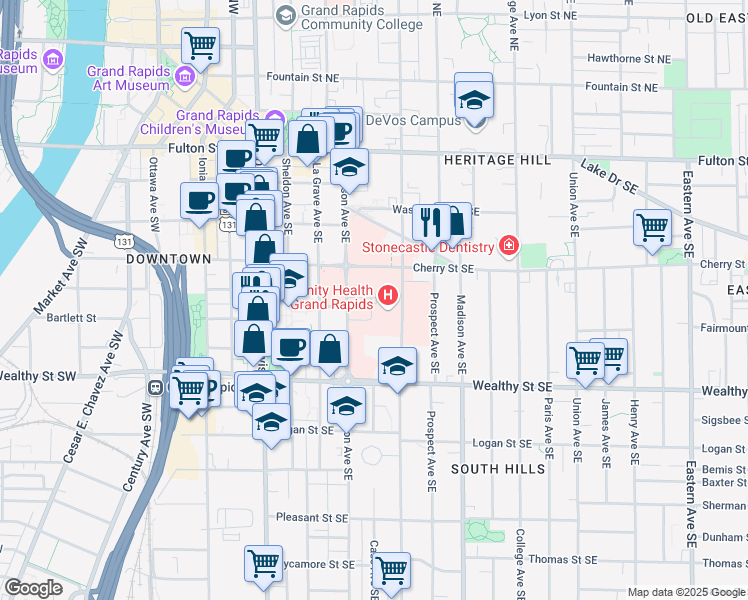 map of restaurants, bars, coffee shops, grocery stores, and more near 200 Jefferson Avenue Southeast in Grand Rapids