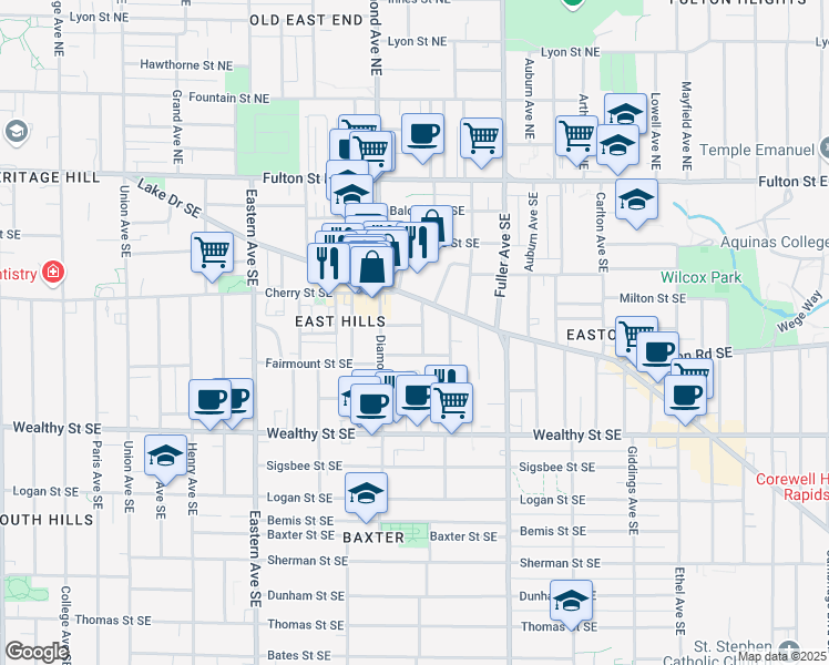 map of restaurants, bars, coffee shops, grocery stores, and more near 1032 Chester Street Southeast in Grand Rapids
