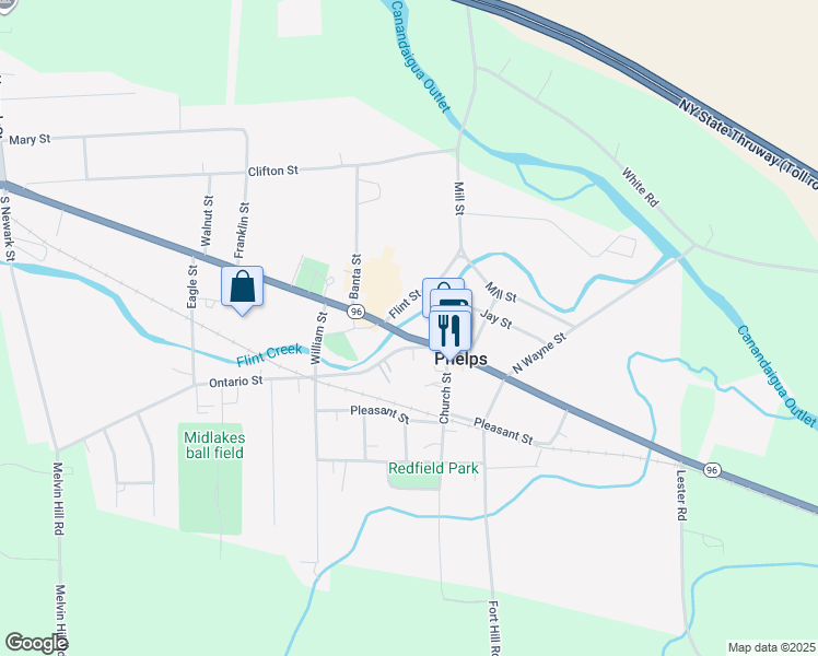 map of restaurants, bars, coffee shops, grocery stores, and more near 130 Main Street in Phelps