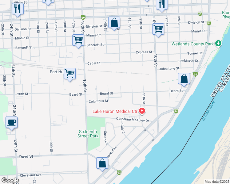 map of restaurants, bars, coffee shops, grocery stores, and more near 1335 Beard Street in Port Huron