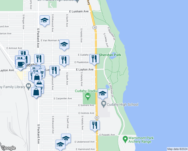 map of restaurants, bars, coffee shops, grocery stores, and more near 3968 East Squire Avenue in Cudahy