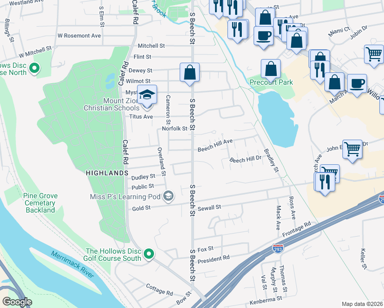 map of restaurants, bars, coffee shops, grocery stores, and more near 825 South Beech Street in Manchester