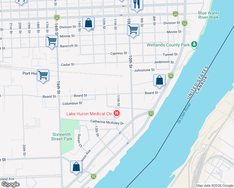map of restaurants, bars, coffee shops, grocery stores, and more near 1103 Beard Street in Port Huron