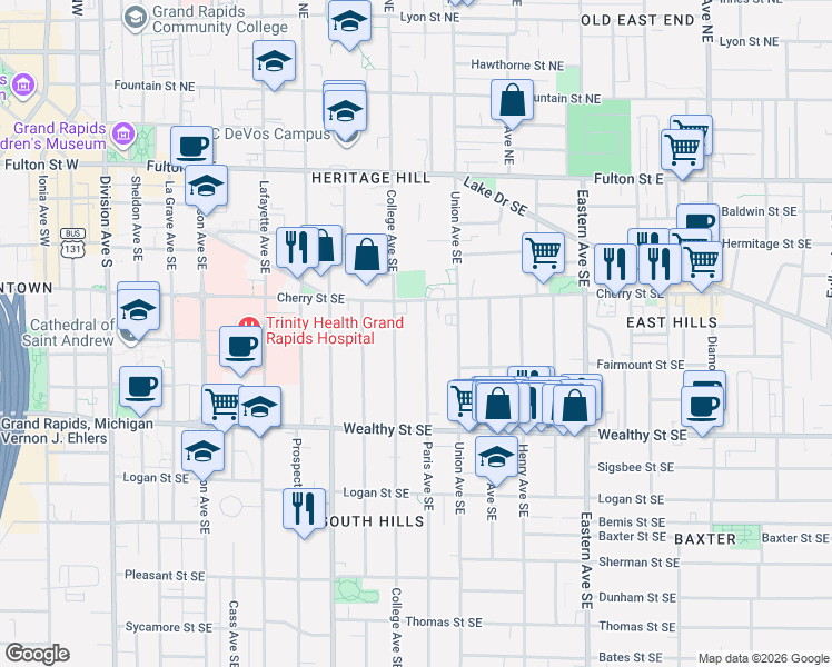 map of restaurants, bars, coffee shops, grocery stores, and more near 231 Paris Avenue Southeast in Grand Rapids