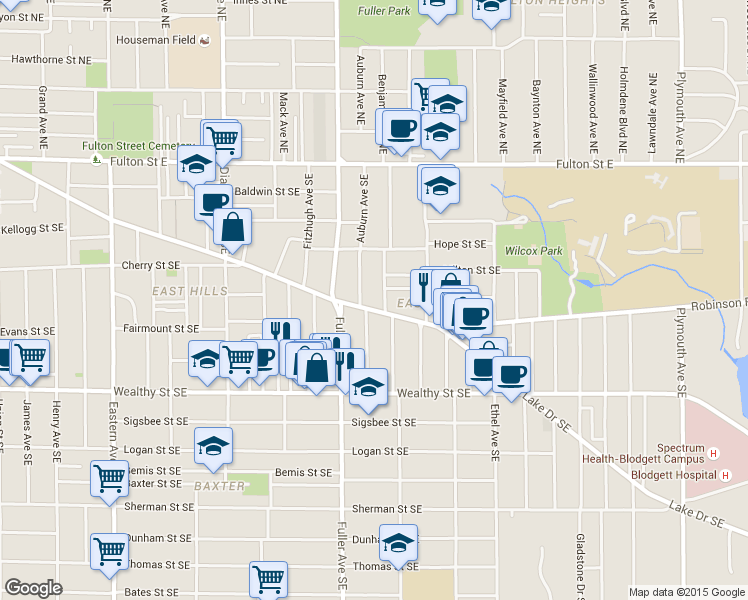 map of restaurants, bars, coffee shops, grocery stores, and more near 1237 Lake Dr SE in Grand Rapids