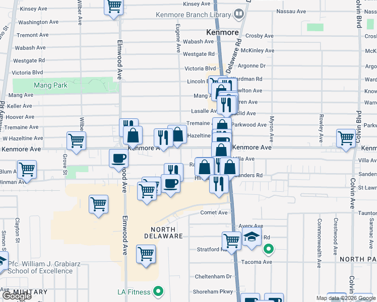 map of restaurants, bars, coffee shops, grocery stores, and more near 1482 Kenmore Ave in Buffalo