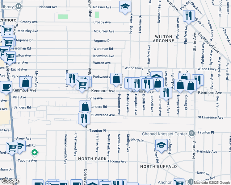 map of restaurants, bars, coffee shops, grocery stores, and more near 1000 Kenmore Avenue in Buffalo