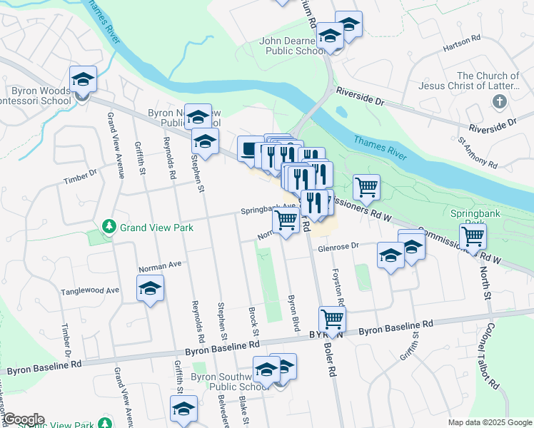 map of restaurants, bars, coffee shops, grocery stores, and more near 1296 Springbank Avenue in London