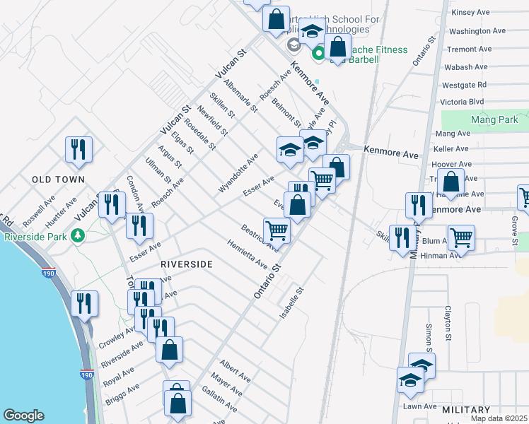 map of restaurants, bars, coffee shops, grocery stores, and more near 48 Philadelphia Street in Buffalo