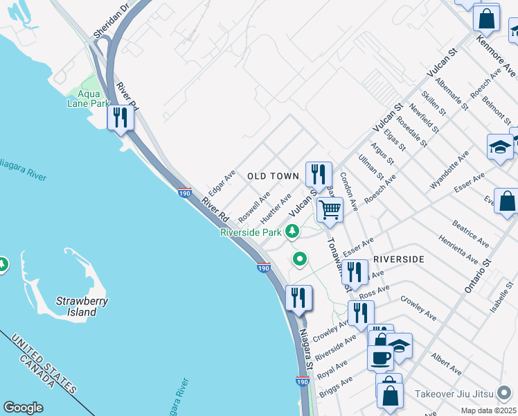 map of restaurants, bars, coffee shops, grocery stores, and more near 47 Roswell Avenue in Buffalo
