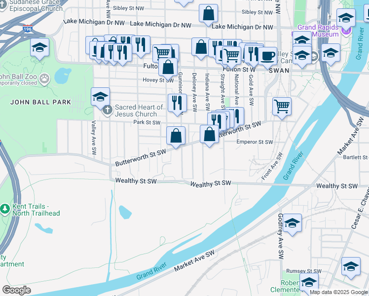 map of restaurants, bars, coffee shops, grocery stores, and more near 908 Butterworth Street Southwest in Grand Rapids