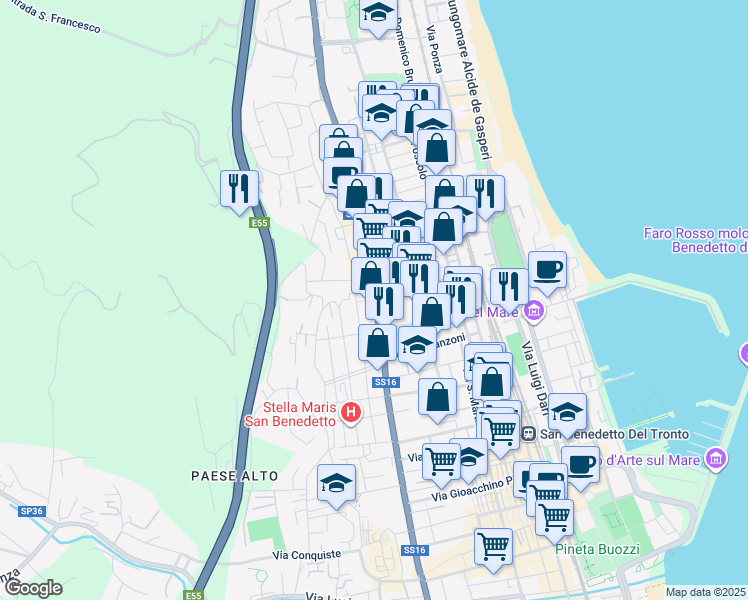 map of restaurants, bars, coffee shops, grocery stores, and more near Corso Giuseppe Mazzini in San Benedetto del Tronto