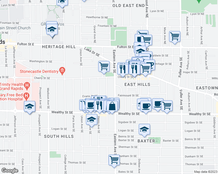 map of restaurants, bars, coffee shops, grocery stores, and more near 234 Charles Avenue Southeast in Grand Rapids