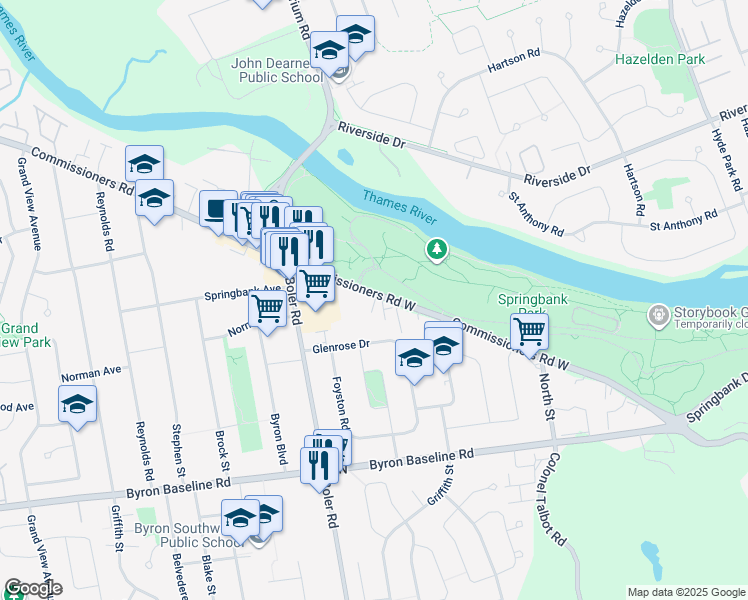 map of restaurants, bars, coffee shops, grocery stores, and more near 1200 Commissioners Road West in London