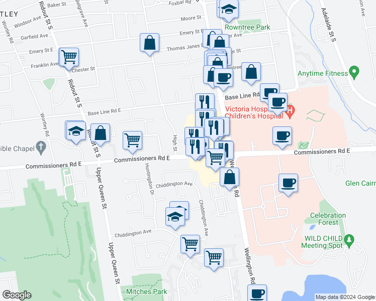 map of restaurants, bars, coffee shops, grocery stores, and more near 35 Adare Crescent in London