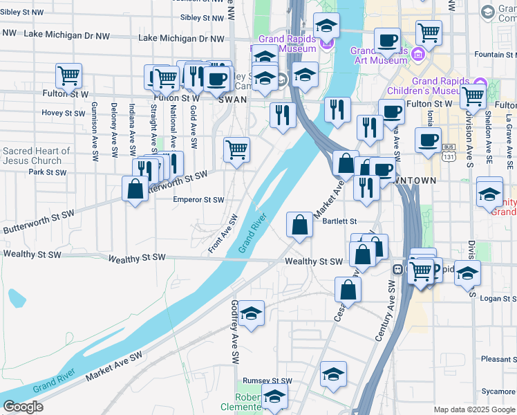 map of restaurants, bars, coffee shops, grocery stores, and more near 240 Front Ave SW in Grand Rapids