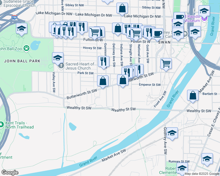 map of restaurants, bars, coffee shops, grocery stores, and more near 908 Butterworth St SW in Grand Rapids